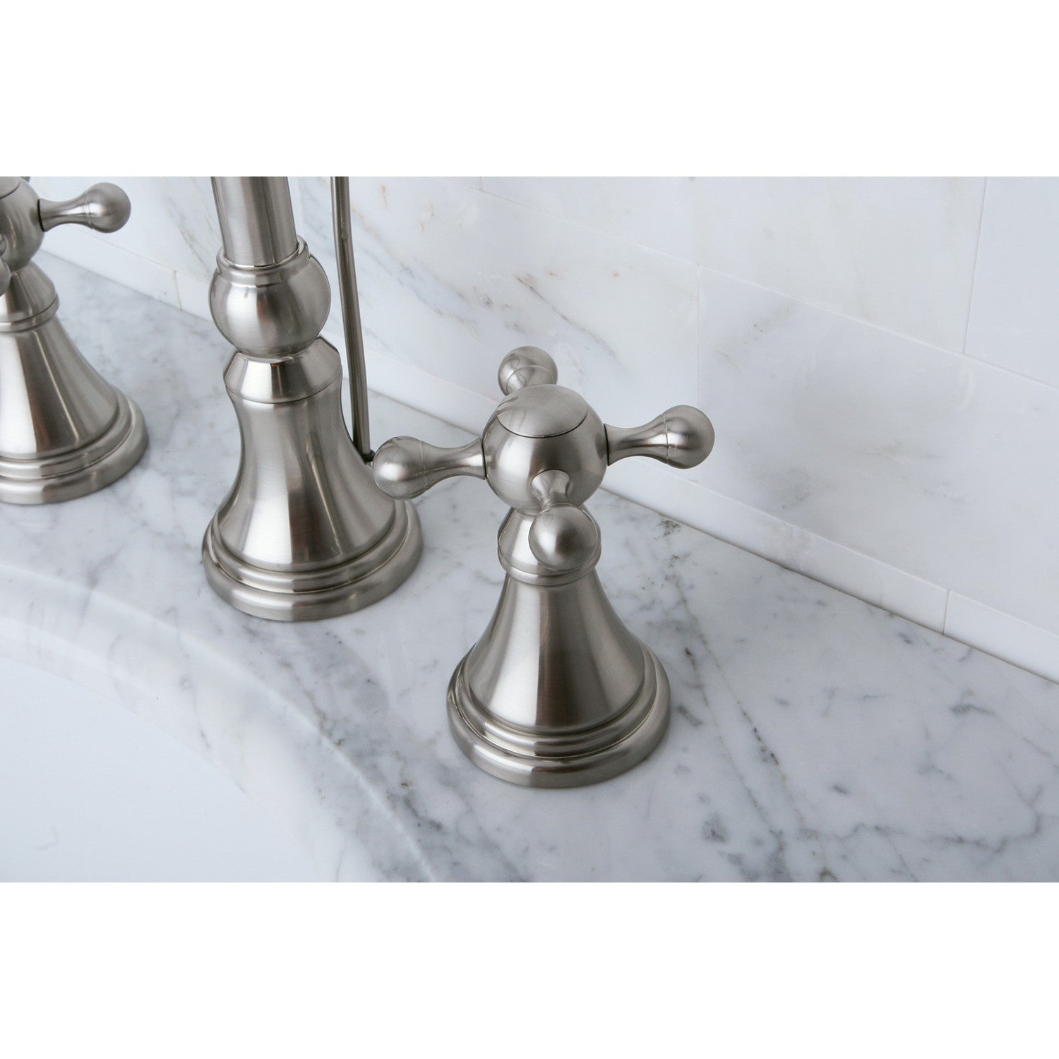 Kingston Tulare KS2988KX - Governor Two-Handle 3-Hole Deck Mount Widespread Bathroom Faucet with Brass Pop-Up, Brushed Nickel — thumbnail 2